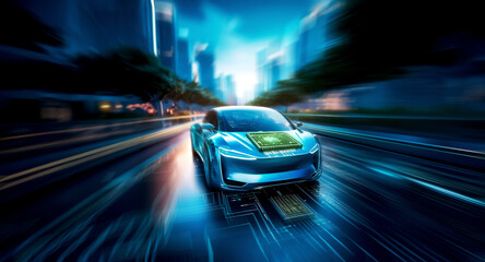 Aufkleber - A sleek, blue electric car speeds along a road with circuit board designs in a modern city at night with glowing buildings.