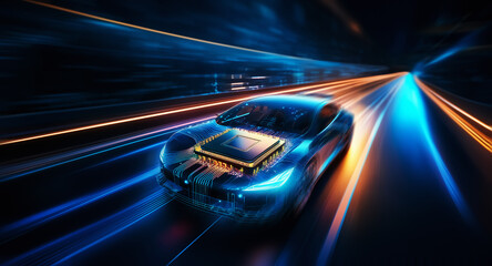 Poster - A see-through car with a glowing circuit board on its hood is swiftly moving through a tunnel illuminated by blue and orange light trails, symbolizing future tech.