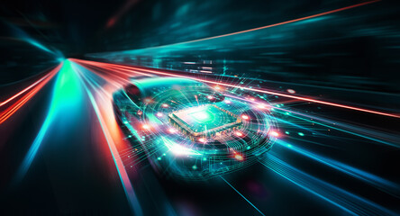 Poster - A see-through car with a glowing circuit board on its hood is swiftly moving through a tunnel illuminated by blue and orange light trails, symbolizing future tech.