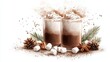© Charlene - A steaming hot chocolate garnished with marshmallows and cinnamon, rustic holiday setting, digital painting, vibrant details, isolated on white background