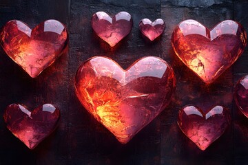 Poster - Romantic hearts glowing on dark background symbol of love and passion for valentines day