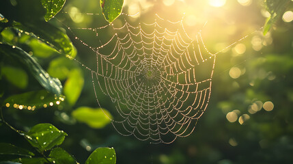 A spider web is shown in a green leafy area