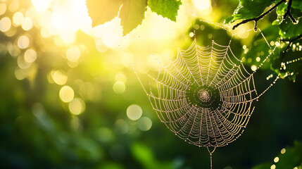 A spider web is shown in a green leafy area