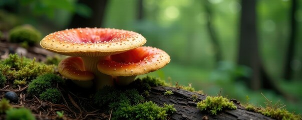 Wall Mural - matsutake mushrooms forming a ring around a fallen tree trunk on a mountain slope, forest floor, fun