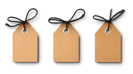 Poster - Three Rustic Brown Paper Tags with Black Twine on a Clean White Background for Product Labeling