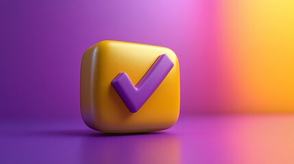 Poster - Yellow 3d checkmark icon on purple and orange gradient background, symbol of validation and approval. Digital communication concept