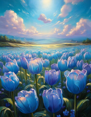 Wall Mural - Tulip Flowers Field against the sky in painting style image, part 31