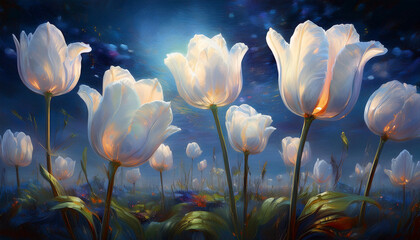 Wall Mural - Tulip Flowers Field against the night sky in painting style image, part 38