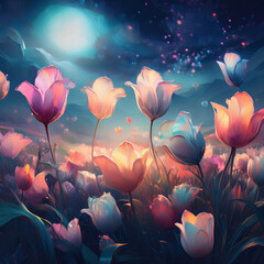 Wall Mural - Tulip Flowers Field against the night sky in painting style image, part 16
