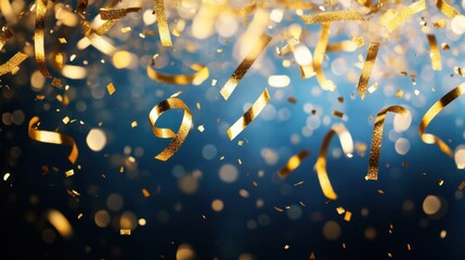 Poster - golden confetti raining over a sparkling navy background with bokeh light art, ideal for elegant wed