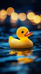 Poster - Yellow rubber duck floating on dark blue water with bokeh lights in the background. Childhood innocence and playfulness concept