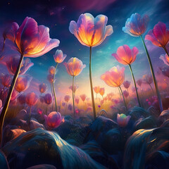 Wall Mural - Tulip Flowers Field against the night sky in painting style image, part 9
