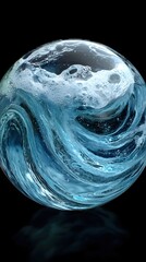 Poster - Abstract water sphere with swirling motion and bubbles on a dark reflective surface