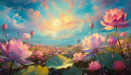 Wall Mural -  Flowers Field against the sky in painting style image, part 1