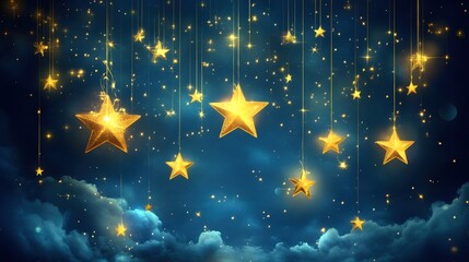 Poster - Celestial Dreamscape Luminous Golden Stars Suspended Above Ethereal Clouds on a Midnight Blue Sky