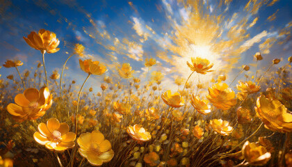 Wall Mural - Flowers Field against the sky in painting style image, part 25
