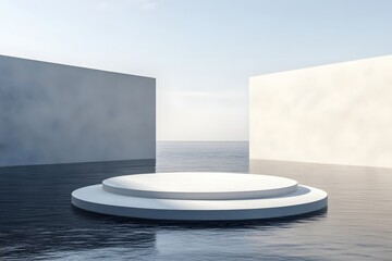 Poster - Minimalist Podium on Water Surface with Geometric Walls and Ocean View for Product Display