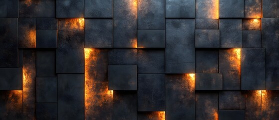 Poster - Abstract dark geometric wall with warm light illuminating a modern and elegant design