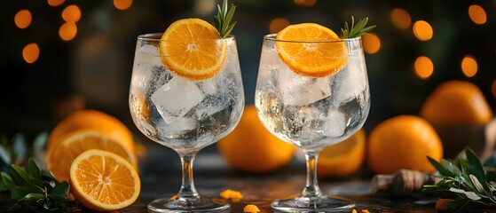 Poster - Refreshing Gin and Tonic Cocktails with Orange Slice and Rosemary in Elegant Glassware