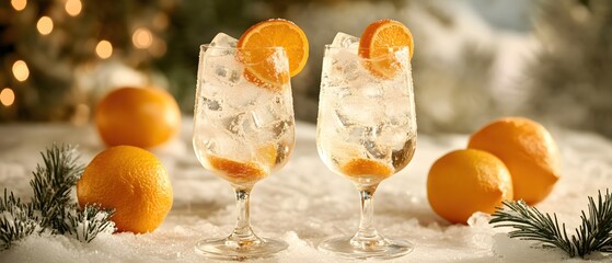 Poster - Two Refreshing Orange Cocktails with Ice Cubes on Snowy Surface for Festive Winter Celebration