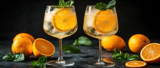 Poster - Refreshing orange spritzer cocktail with ice cubes and mint leaves on a dark textured table