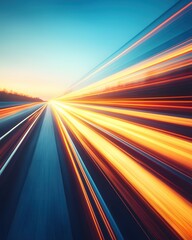 Poster - Abstract speed motion on road at night with light trails and sky for futuristic background