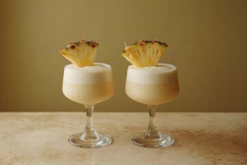 Poster - Two Refreshing Pina Colada Cocktails Adorned with Pineapple Slices on a Neutral Background