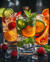 Poster - Refreshing summer cocktails with vibrant fruits ice and mint leaves in glasses on dark background studio shot for healthy lifestyle
