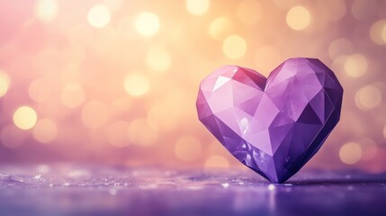 Poster - Faceted purple crystal heart on a shimmering surface with warm bokeh light background, emotional and romantic concept