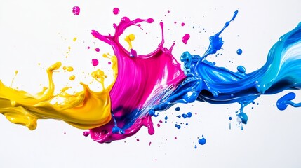 Poster - Dynamic splash of yellow, magenta, and blue paint on white background, vibrant and energetic art. Abstract color explosion concept