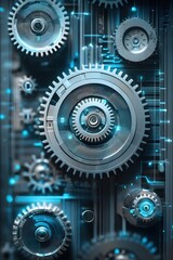 Poster - Intricate gears and cogs in a complex mechanical system with glowing blue accents and a futuristic industrial style design