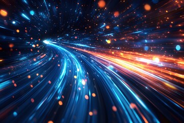 Fototapete - Dynamic data stream of glowing light trails in a futuristic tunnel with abstract orange and blue hues for technology innovation and high speed connectivity