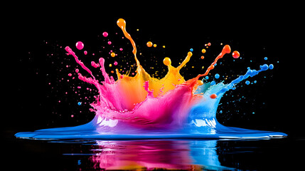 Poster - Splash of vibrant colored paint creating abstract patterns on a black background