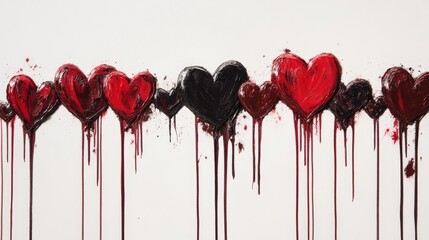 Aufkleber - Row of red and black painted hearts dripping on white background, emotional and expressive art concept