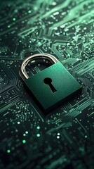 Poster - Secure digital world padlock on circuit board background for data protection and cybersecurity concept with green color and technological mood