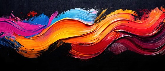 Poster - Vivid strokes of acrylic paint on canvas creating a colorful wave with a black background in a contemporary style and high angle view