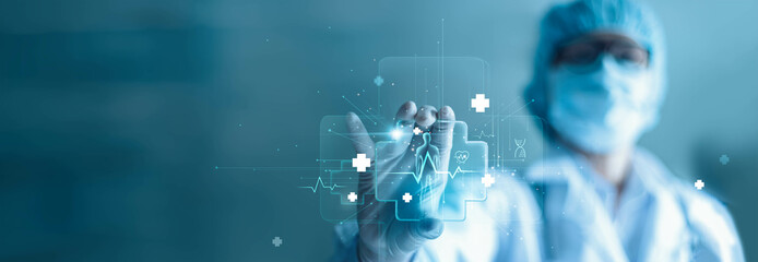 Fototapete - Male medicine doctor holding plus sign virtual means to offer positive thing of patient and people to healthcare, health insurance, personal development and health life style with Medical technology