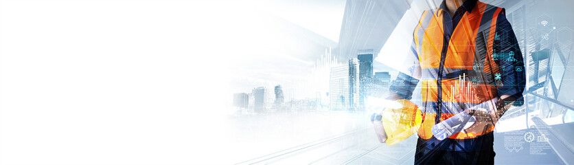 Fototapete - Professional construction engineer at site. Industrial innovation technology in modern engineering, the use of advanced tools and digital planning for smart solution in real estate development.