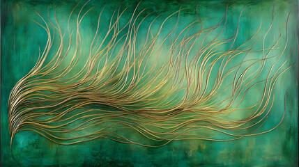 Poster - Abstract painting featuring a green background with gold and white linear patterns and designs