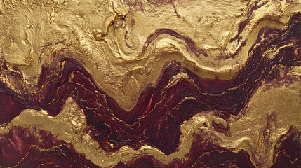Poster - Painting of a gold and red wave abstract art on canvas with flowing shapes and textures
