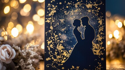 Poster - magical night wedding card design with a navy and gold palette, glitter bokeh, and soft glowing acce