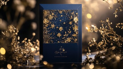 Poster - magical night wedding card design with a navy and gold palette, glitter bokeh, and soft glowing acce