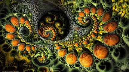 Poster - Digital painting of a vibrant green and orange flower with intricate details and artistic brush strokes