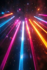 Poster - Abstract cosmic light streaks against dark background with vibrant colors and dynamic perspective offering a futuristic and energetic visual experience