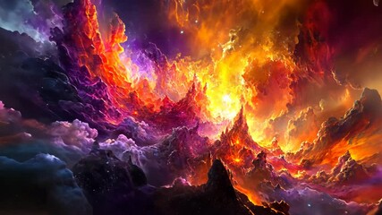 Wall Mural - Vibrant nebula forms a cosmic landscape with fiery colors and swirling clouds during a celestial event