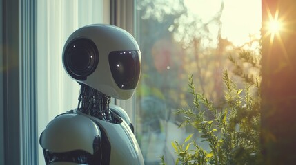 Poster - Robot with reflective visor gazing out window with sunlight and plants, futuristic setting. Technology and artificial intelligence concept