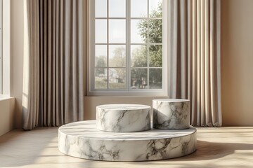 Poster - Elegant marble podiums display in sunlit interior with beige curtains and view through large window scene