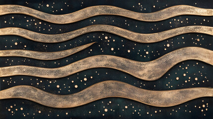 Fototapete - Painting of abstract waves and dots on a solid black background with fluid motion and dynamic shapes