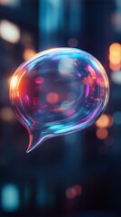 Aufkleber - Colorful translucent speech bubble with neon lights against blurred city background, futuristic communication concept