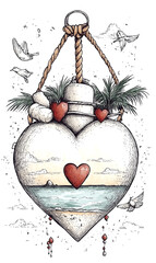 Wall Mural - heart with a rope hanging from it and a bird on the right side. the heart is surrounded by a blue oc